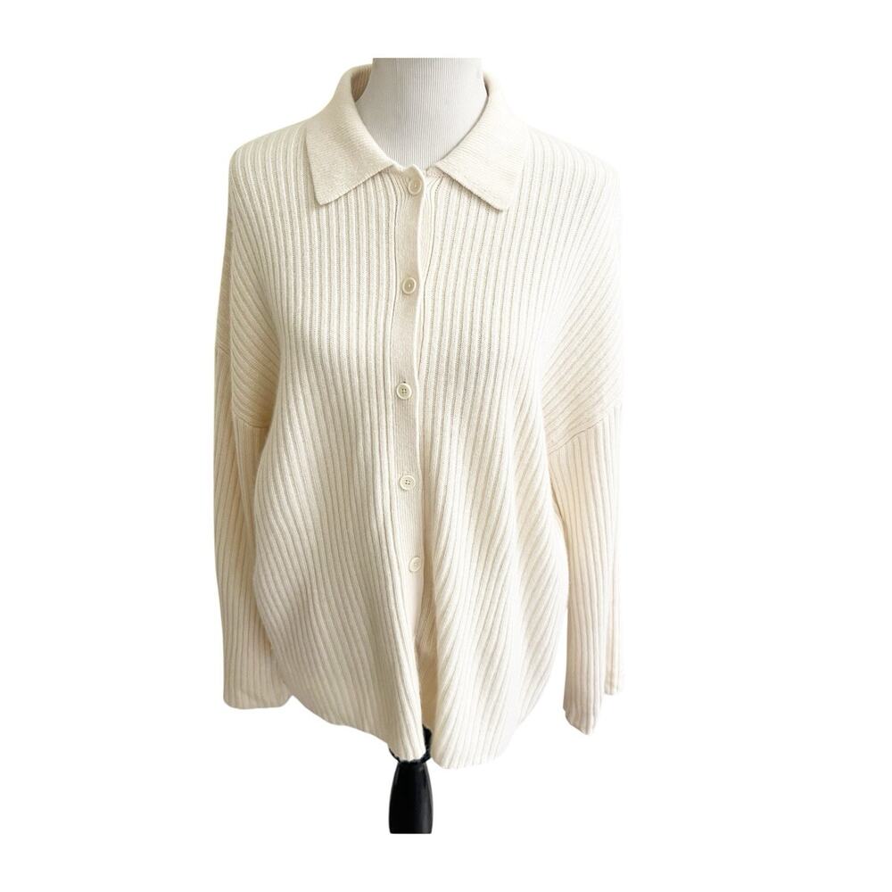 REFORMATION Ivory White Ribbed Knit Fantino Cashmere Collared Button Cardigan S